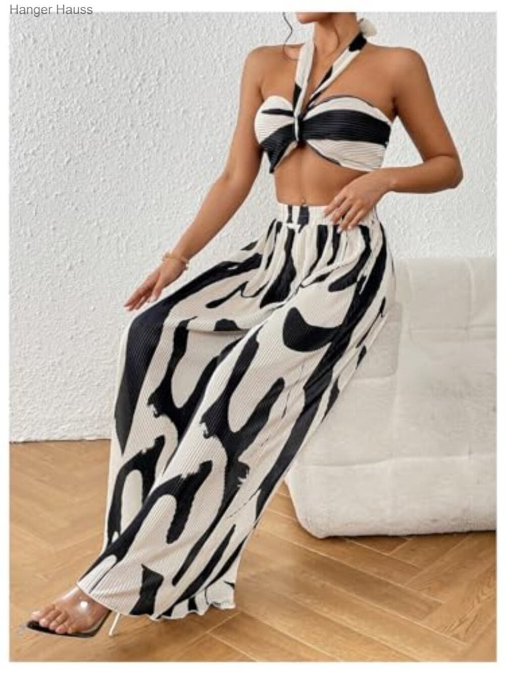 Two Piece Graphic Halter Top Wide Leg Pants Vacation Outfit - Picture 3 of 6